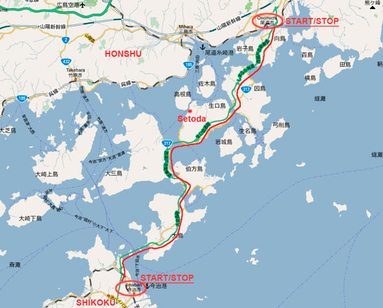MAP of bike trip along Japanese Setonaike Cycle Way 